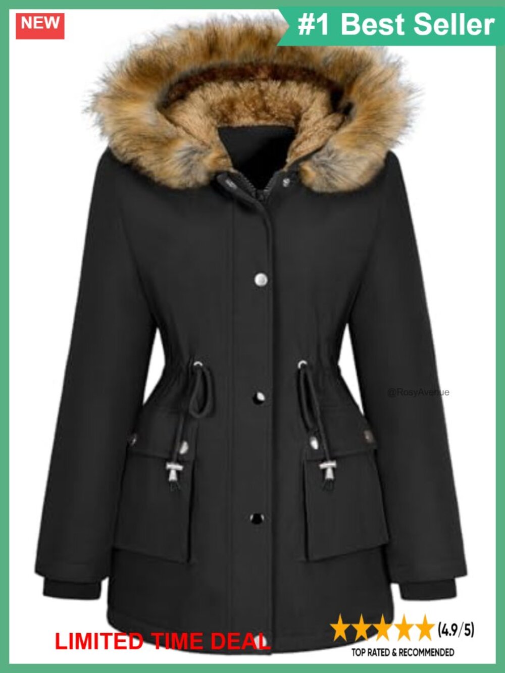Womens Winter Puffer Parka Fleece Lined Jacket Waist Cinch Hooded Coat